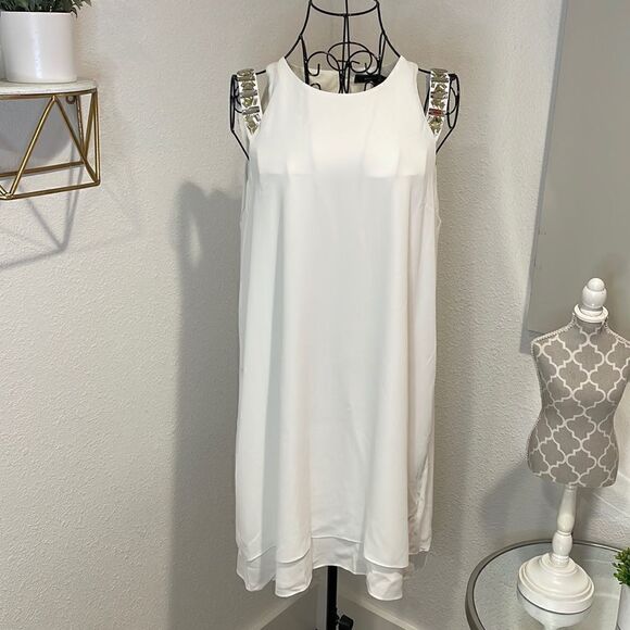BCBGMAXAZRIA WHITE SELINA LAYERED A-LINE DRESS SIZE M - Picture 5 of 11